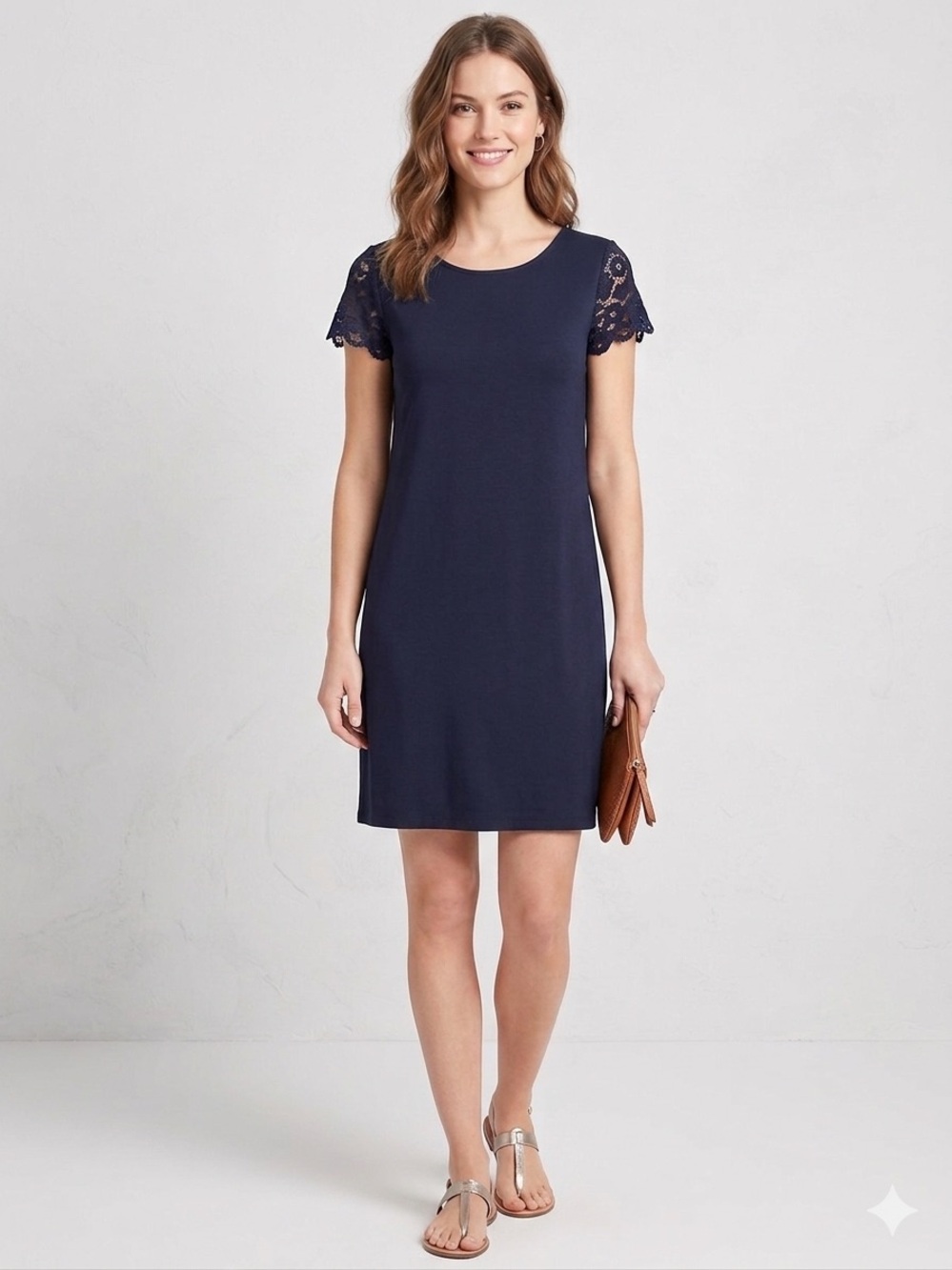 Loft Navy Blue Shift Dress with Lace Sleeve Detail, Size Medium